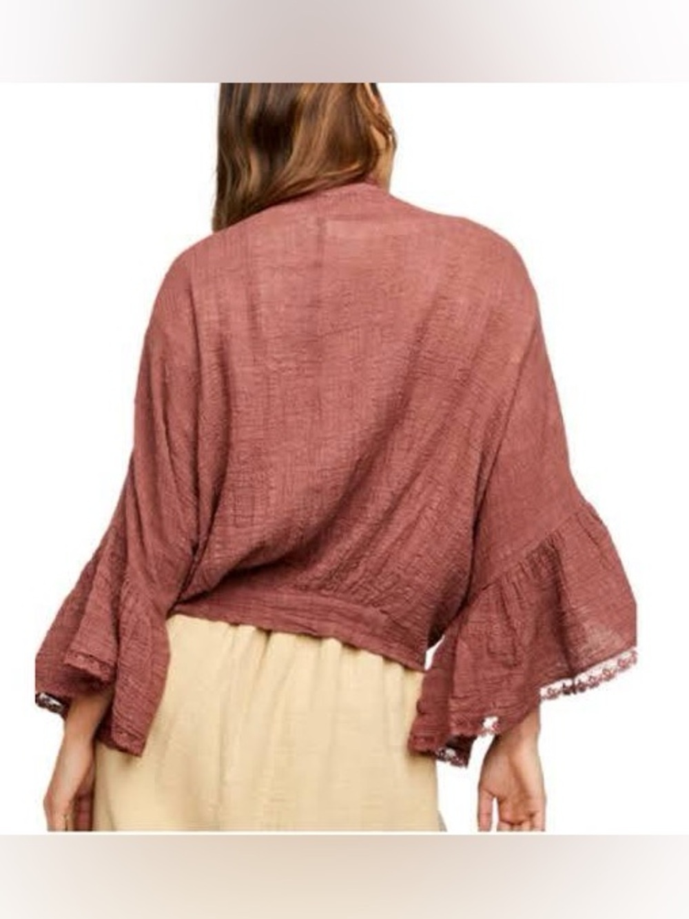 Free People One Poppy Rosewood Tie-Front Gauze Kimono Flutter Sleeve Top Med/Lg